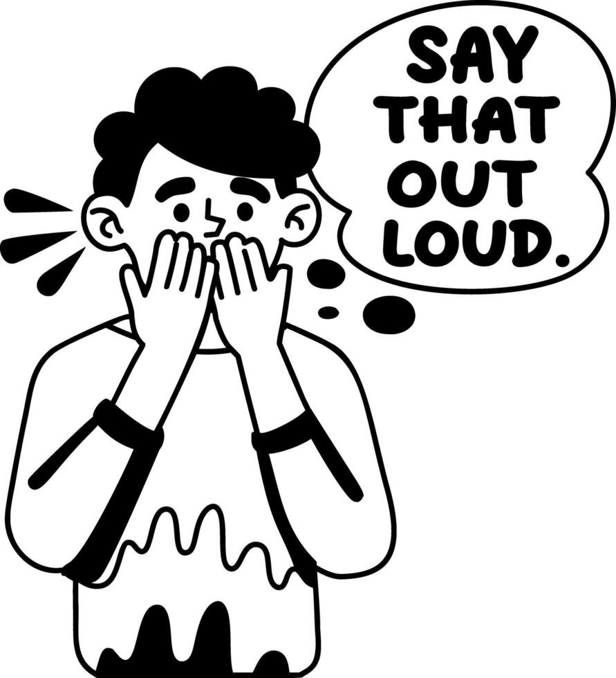 A glyph sticker of a character with say loud typography vector