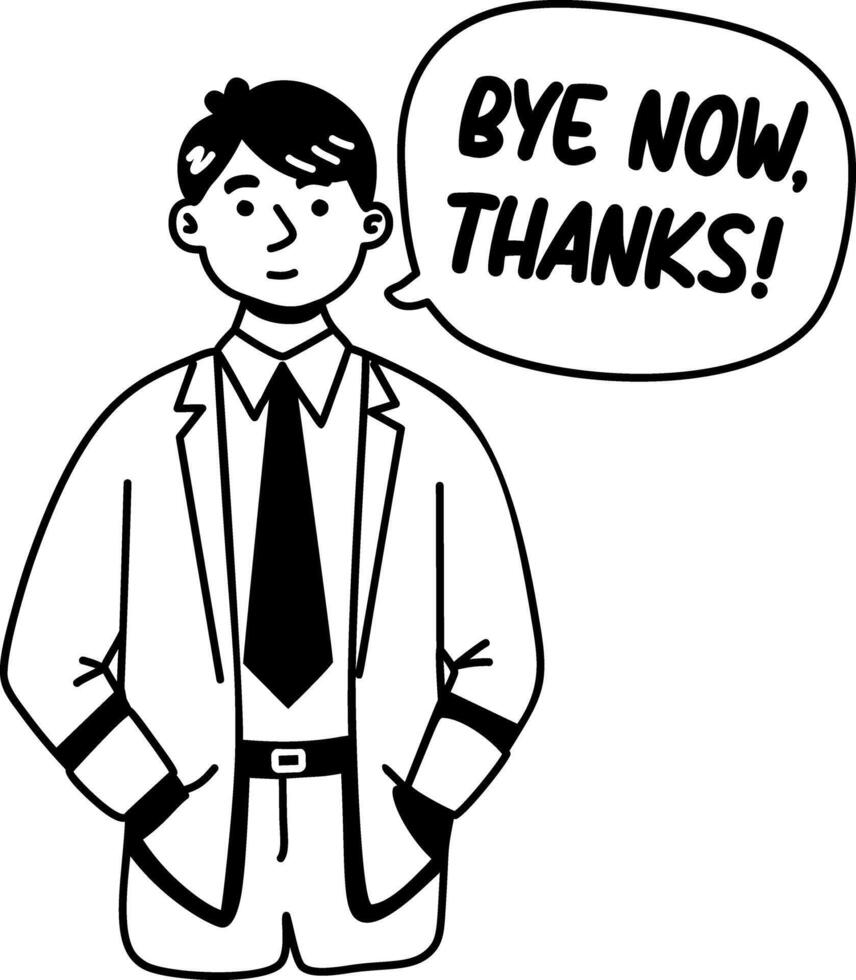 A glyph sticker of a character with bye now thanks typography vector