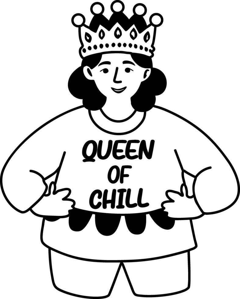 A glyph sticker of a woman wearing crown with chill queen typography vector