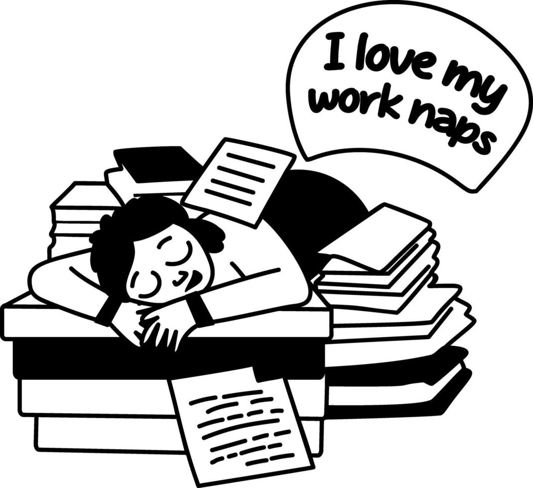 A glyph sticker of a sleeping character on a table with work naps typography vector