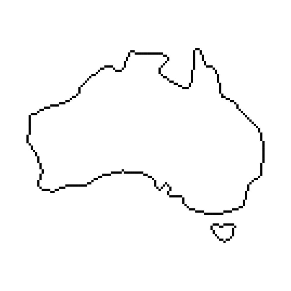 Pixelated outline map of Australia, including the mainland and Tasmania. It consists of black, blocky lines that depict the shape of the country's border against a white background. vector