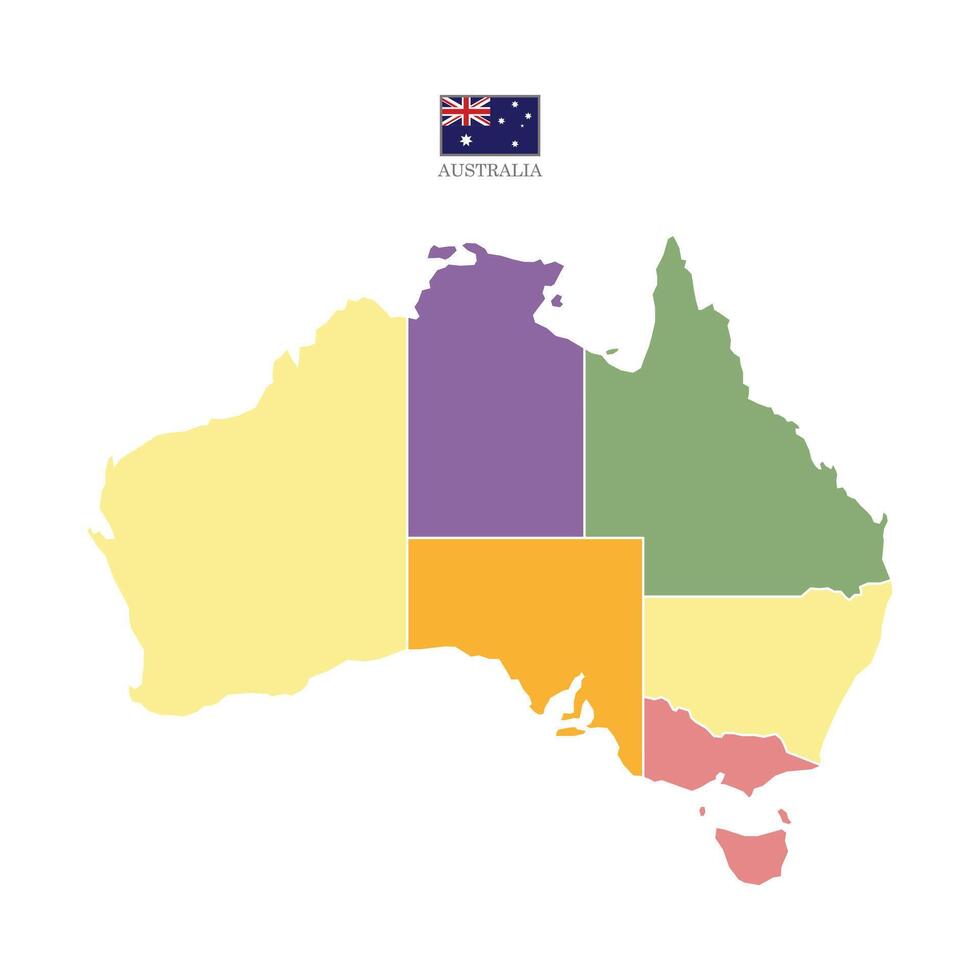 Colored map of Australia with clear state borders. High-detail design, perfect for infographics, education, and graphic projects. Includes major territories, isolated on a white background. vector