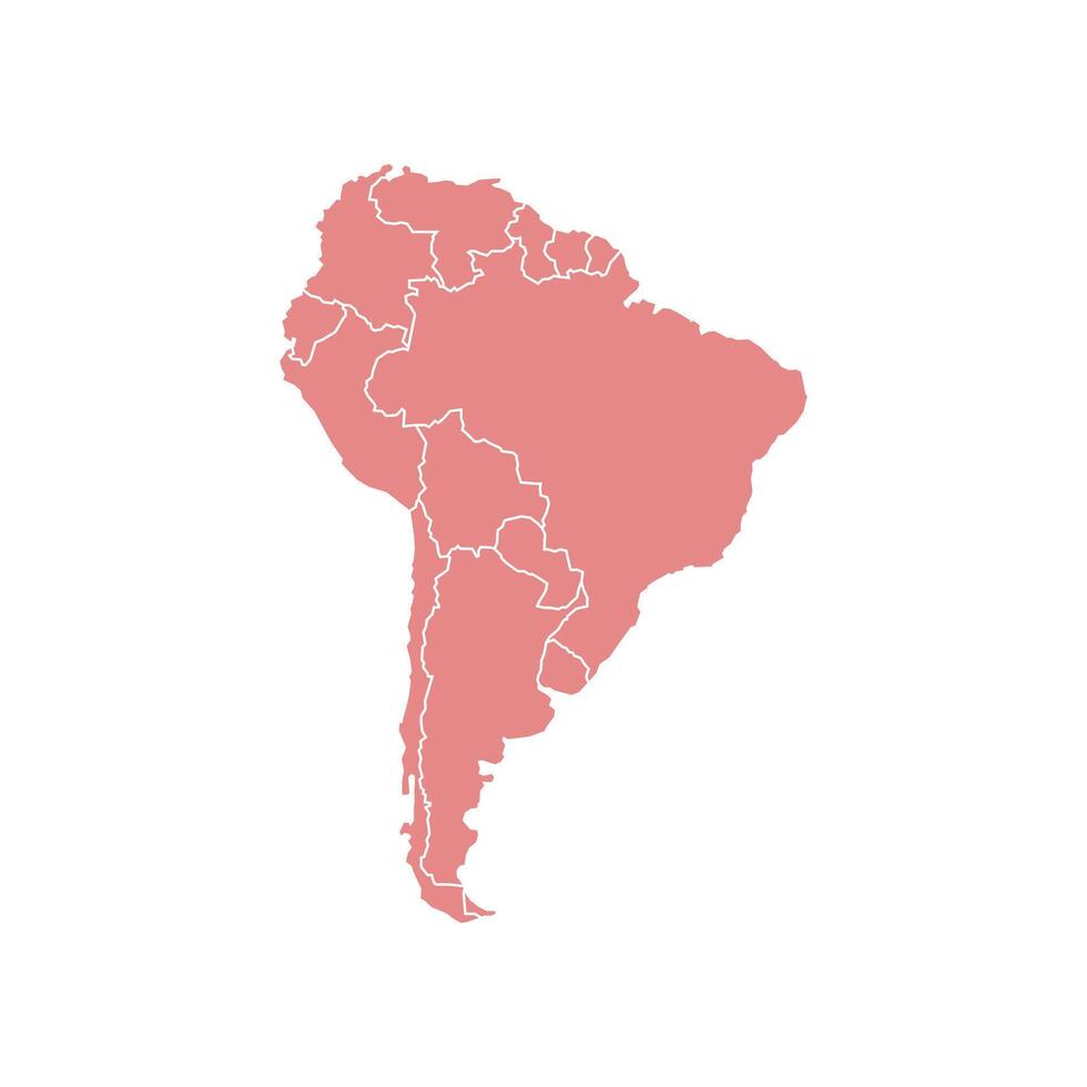 Isolated red map of South America on a white background. Highly detailed, with borders. Includes Brazil, Peru, Venezuela, Paraguay, Argentina, Colombia, Ecuador, Chile, and Uruguay. vector