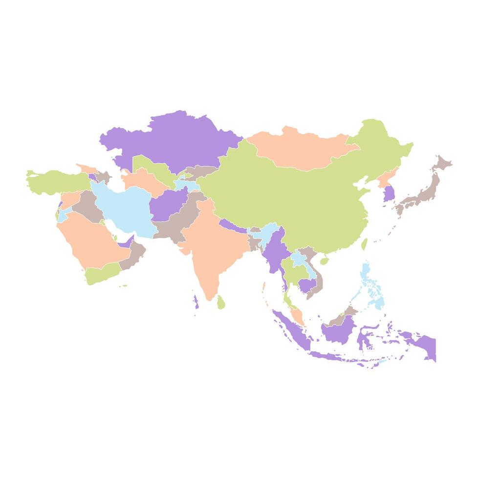 Detailed colored map of Asia on a white background. Features clear country borders, including nations like China, India, Japan, Indonesia, Saudi Arabia, Thailand, and the Philippines. vector
