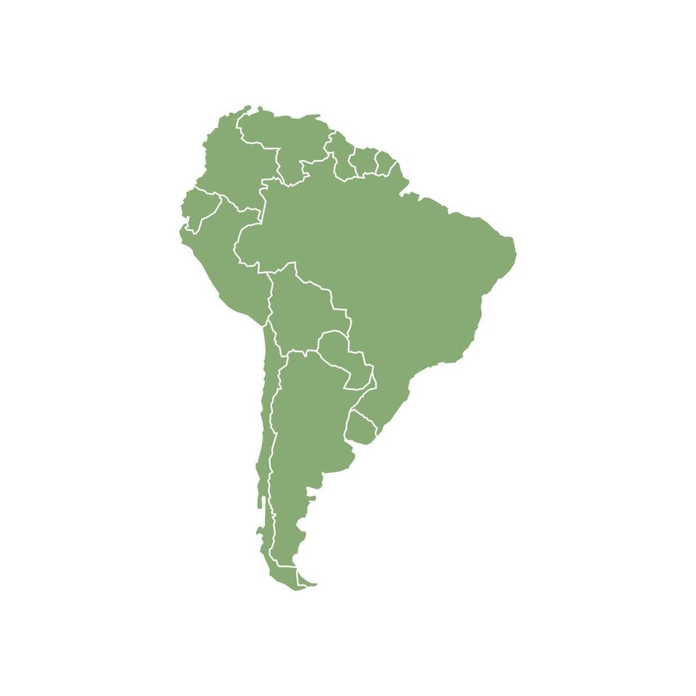 Isolated green map of South America on a white background. Highly detailed, with borders. Includes Brazil, Peru, Venezuela, Paraguay, Argentina, Colombia, Ecuador, Chile, and Uruguay. vector
