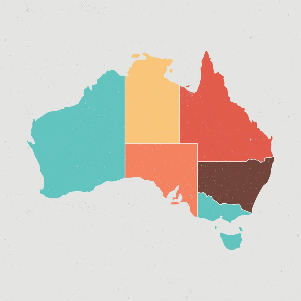 Vintage illustration of a map of Australia territories. High-detail design, perfect for infographics, education, and graphic projects. Includes major territories, isolated. vector