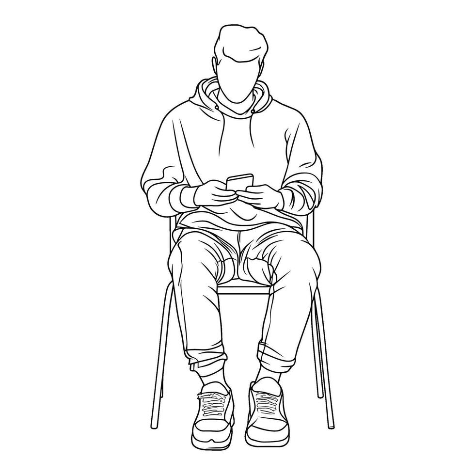 Elderly Man Sitting with Walking Stick in Line Art vector