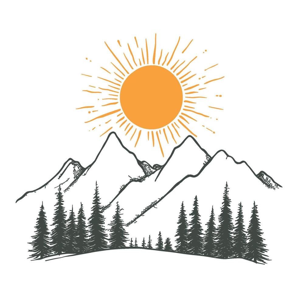 Mountain Landscape with Rising Sun and Pine Forest vector