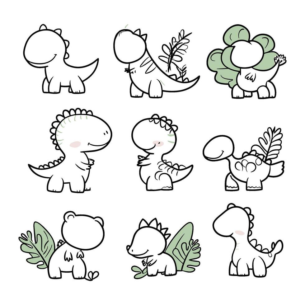 Collection of Baby Dinosaurs with Plants in Playful Style vector