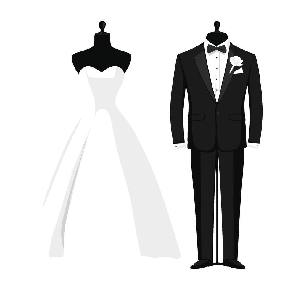 Groom and Bride Formal Attire Displayed on Mannequins vector