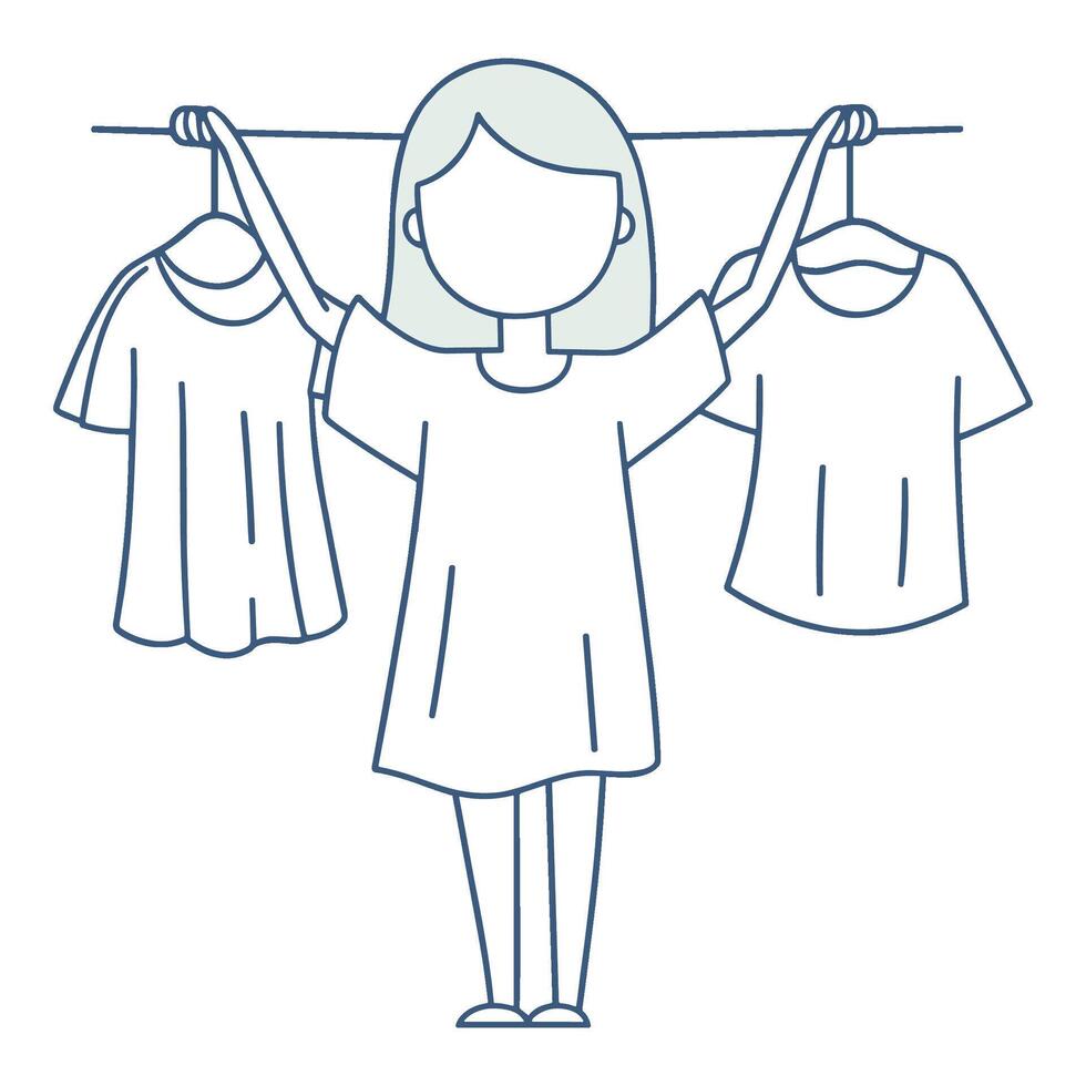 Woman Showcasing Stylish Clothes on a Minimalist Rack vector