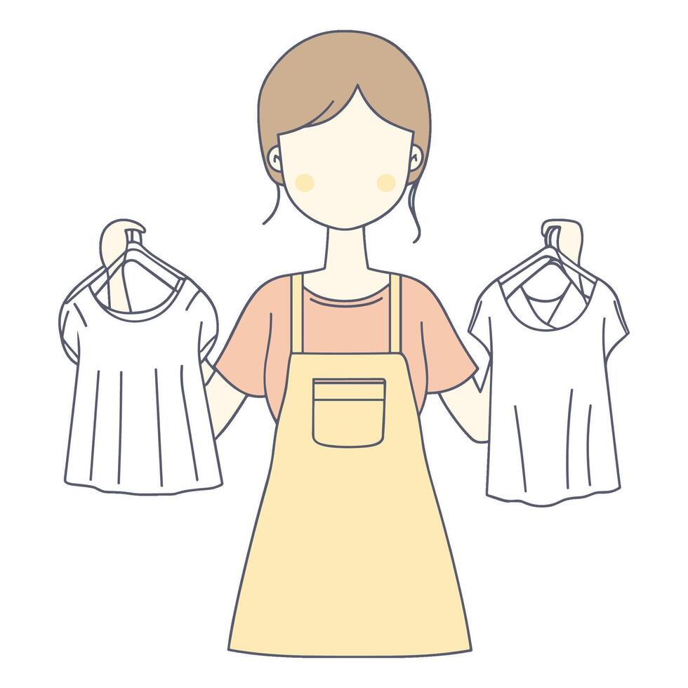 Apron-Wearing Girl Displaying Handmade Clothes on Hangers vector