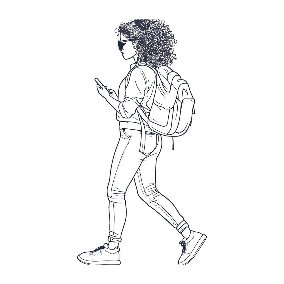Backpacker on a Solo Journey with a Contemporary Line Style vector