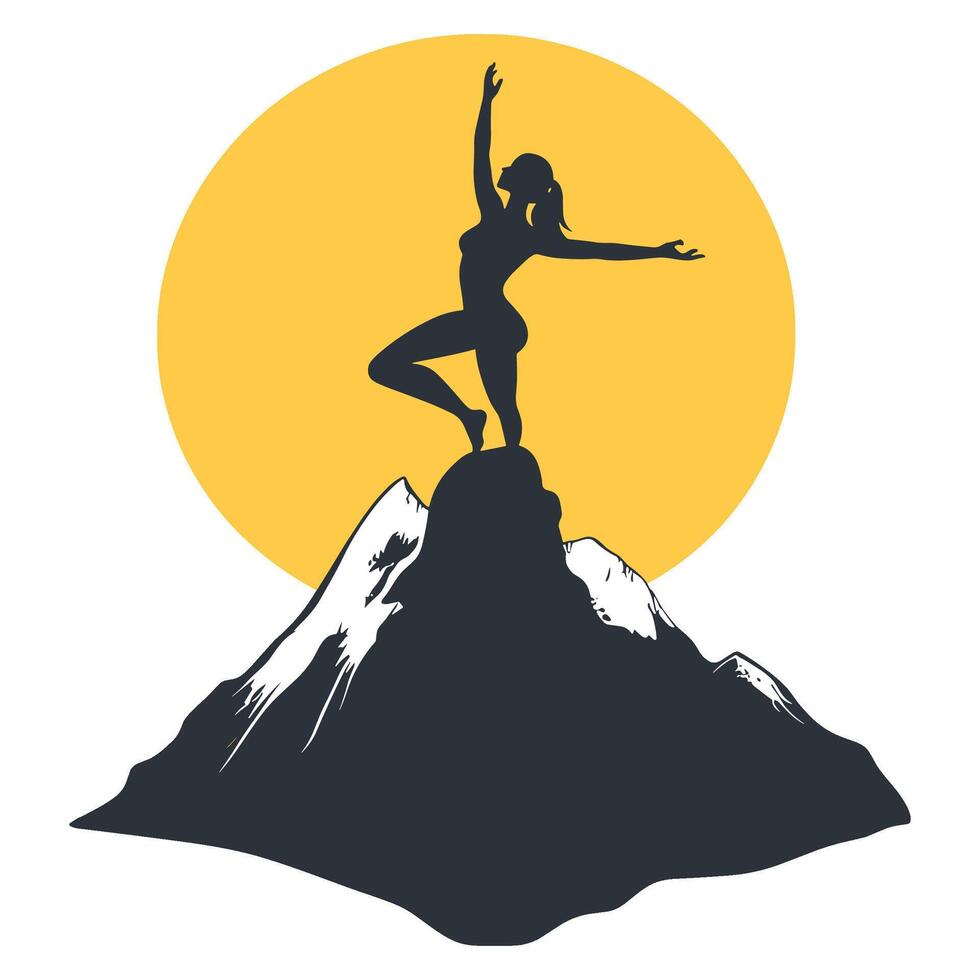 Woman Practicing Yoga on a Mountain at Sunset vector