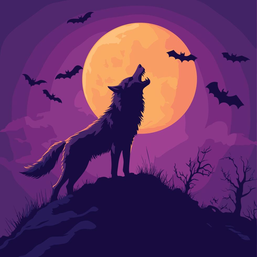 Wolf Howling at the Moon in a Dramatic Night Scene vector