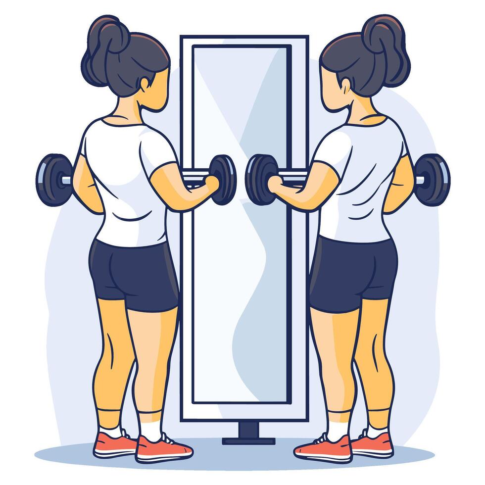 Woman Lifting Dumbbells in Front of a Mirror at the Gym vector