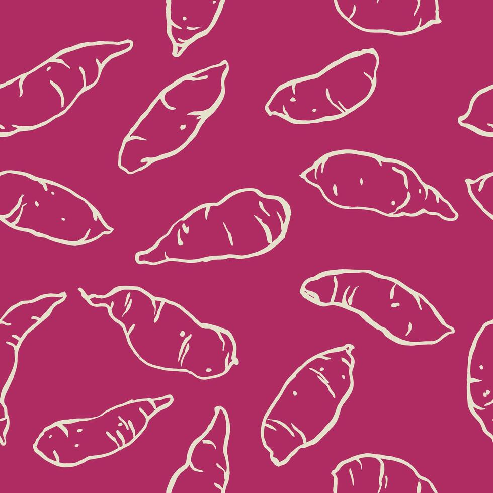 Hand drawn brush line seamless Japanese purple Sweet potatoes pattern, cute minimal food pattern in wood block, engraving style for textile or wrapping paper vector