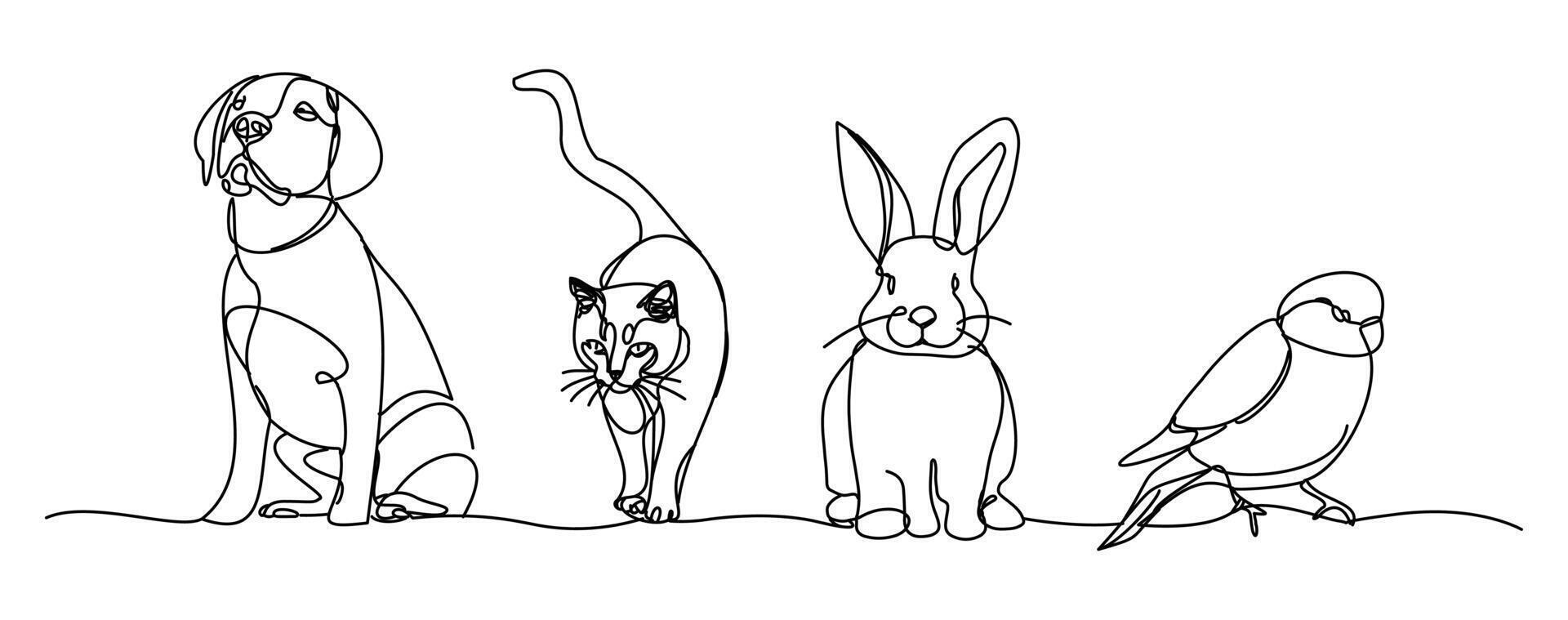 A single line art set consisting of cat, dog, rabbit and bird figures reflecting the pet culture in the city with simple lines. vector