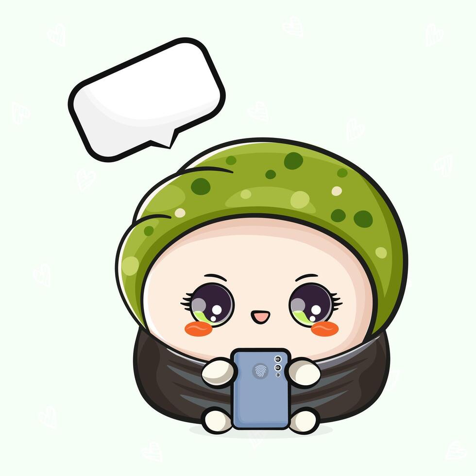 Sushi with a smartphone in hand. hand drawn cartoon kawaii character illustration icon. Isolated on light green background. Sushi character concept vector