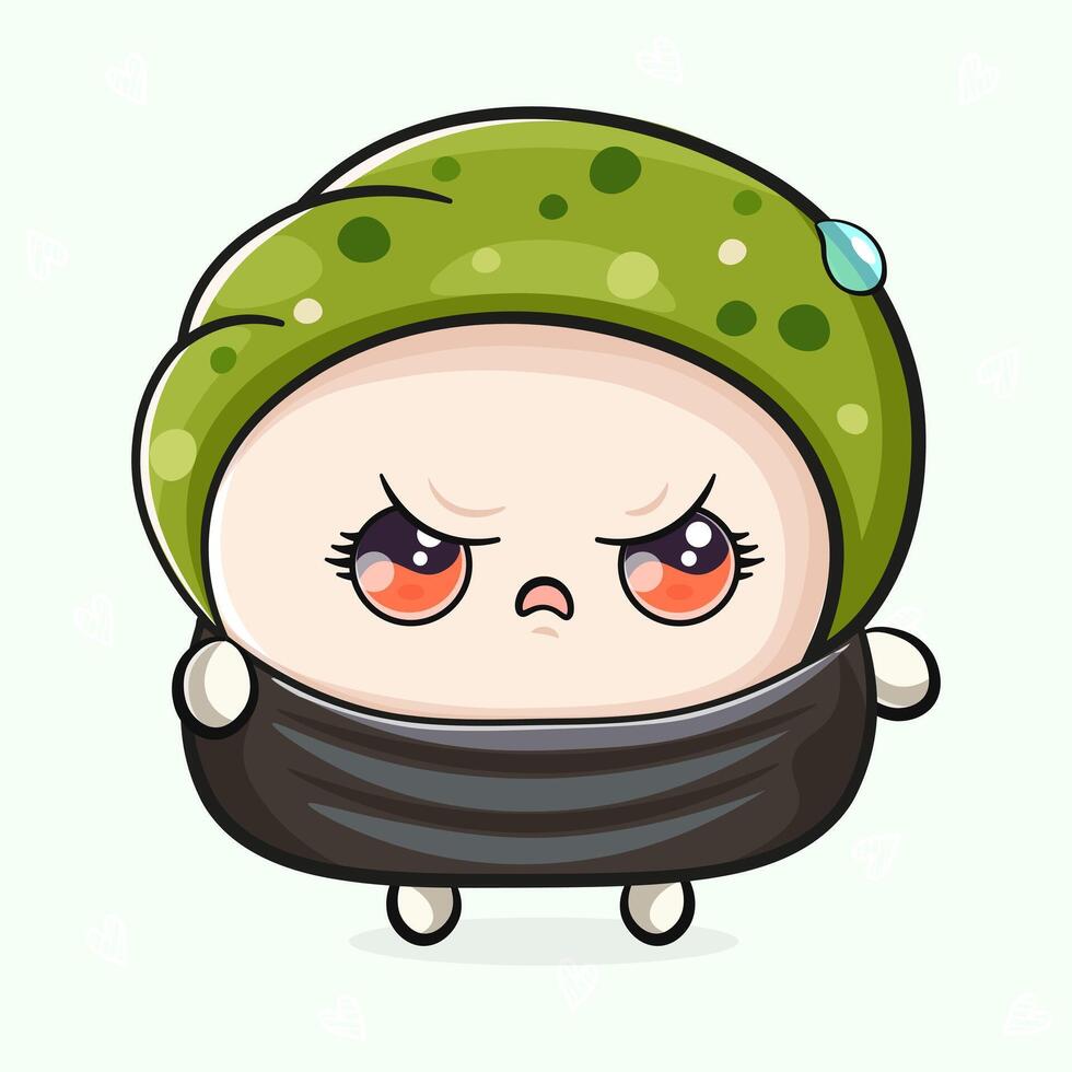Cute angry Sushi character. hand drawn cartoon kawaii character illustration icon. Isolated on light green background. Sad Sushi character concept vector