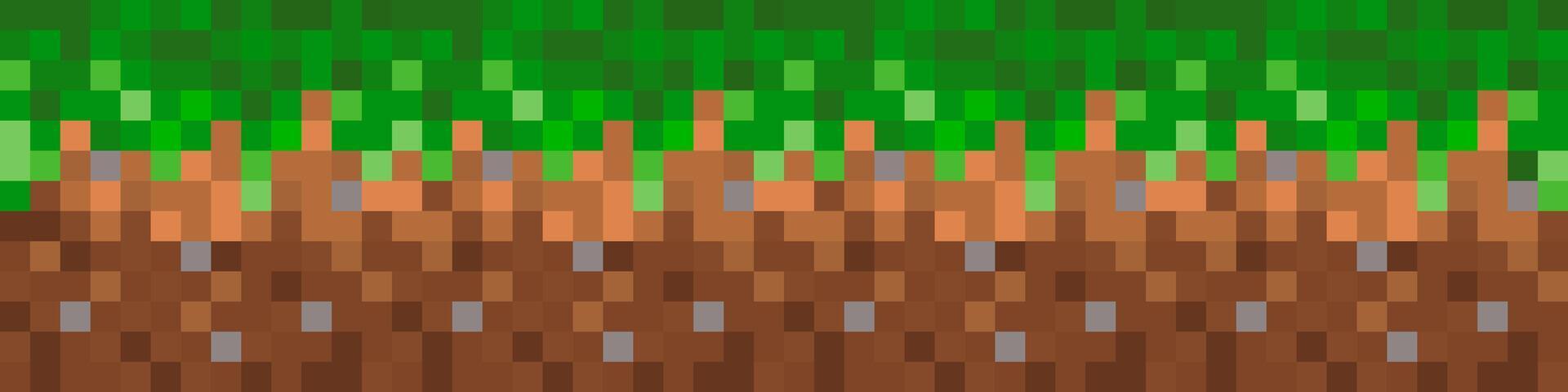 Grass texture with soil in pixel style. 8-bit pixel art playground. vector