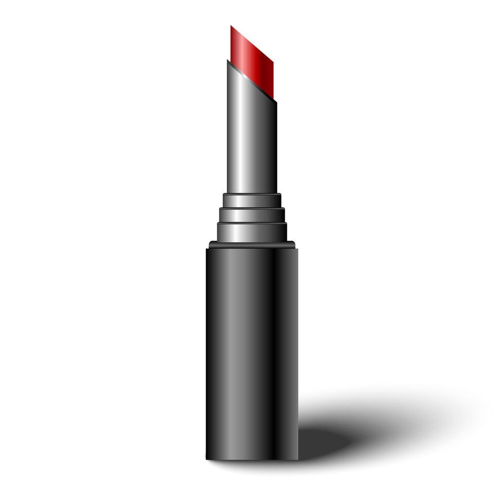 Red lipstick in black tube with shadow. Realistic open tube mock up vector