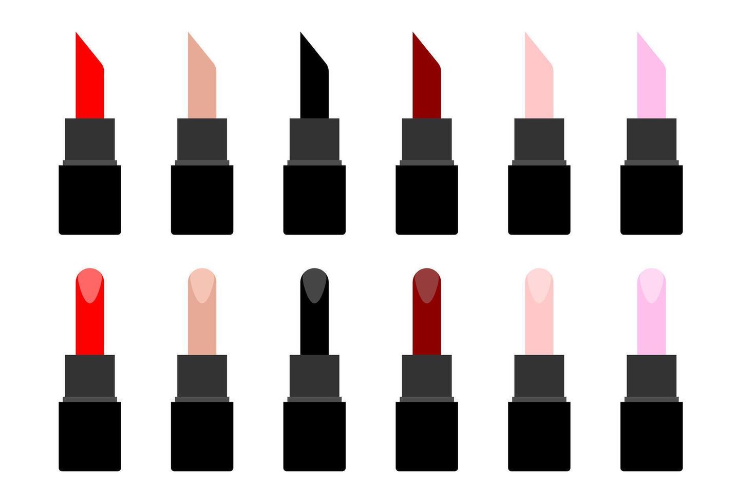 Lipstick in black tube of various colors. Lipstick flat icons. illustration isolated on white background. vector