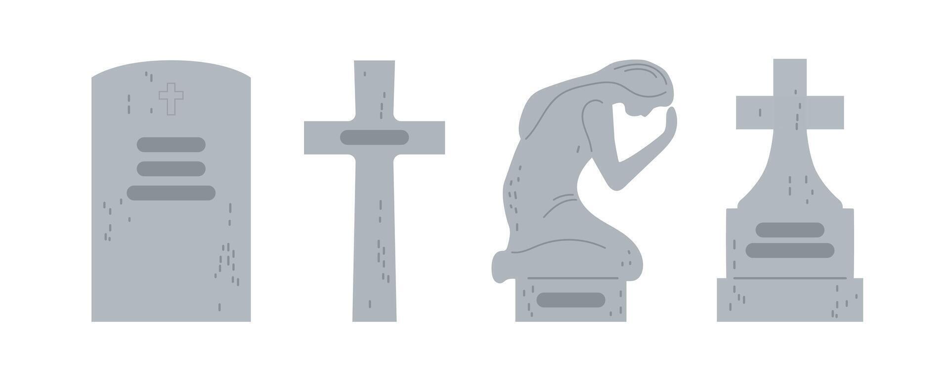 Various styles of gravestones and memorials illustrating themes of remembrance and mourning vector