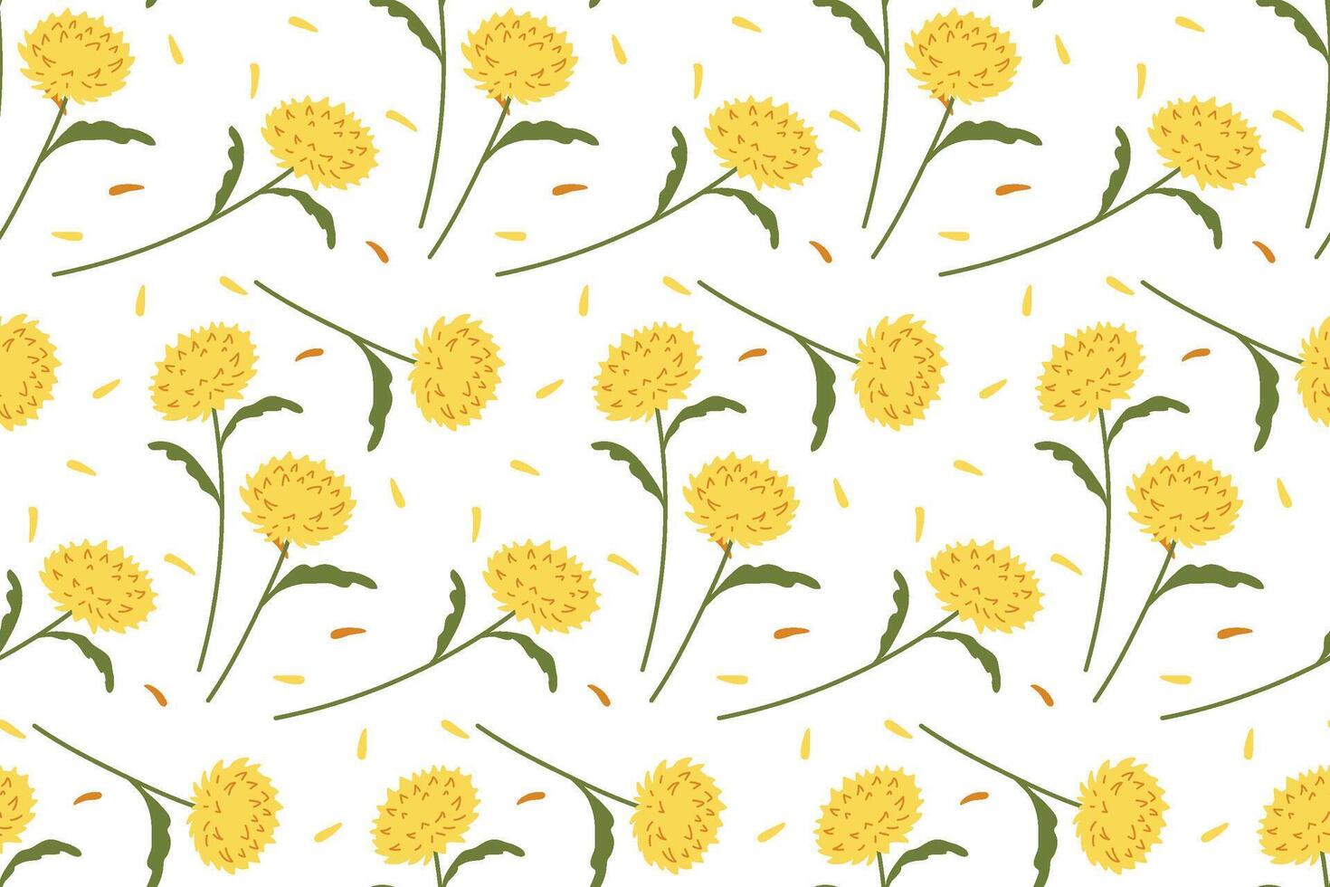 Bright yellow floral pattern with green leaves on a white background for textile design vector