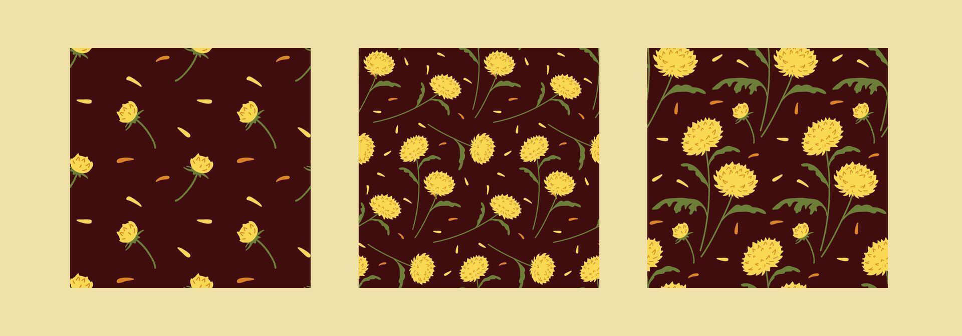 Bright yellow flowers create a vibrant pattern against a rich brown background vector