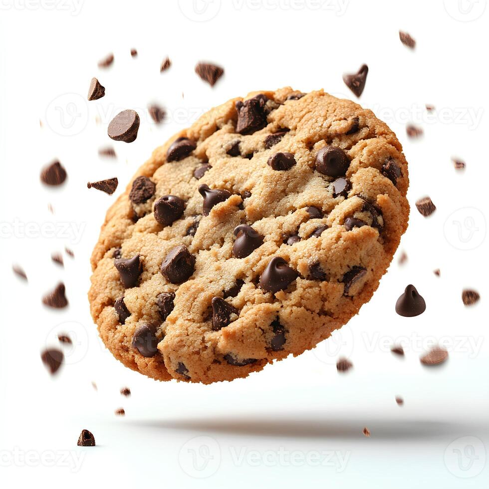 chocolate chip cookie with pieces of chocolate and dough falling mid-air isolated on a white background creating a dynamic visual ideal for sweet treat campaigns photo