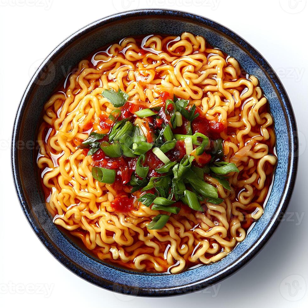 bowl of ramen noodles isolated on a plain white background with shadow highlighting the wavy noodles rich soup and traditional Asian presentation perfect for food-themed projects photo