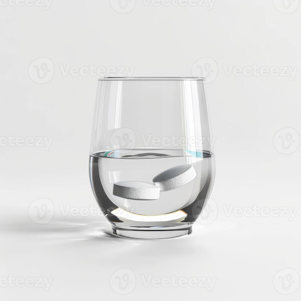 Two effervescent tablets dissolving in a glass of water photo