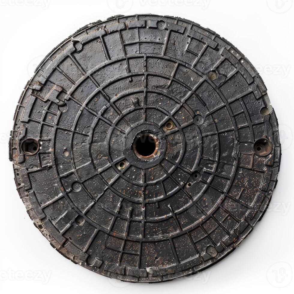 Round metal plate showing intricate concentric patterns on white background photo