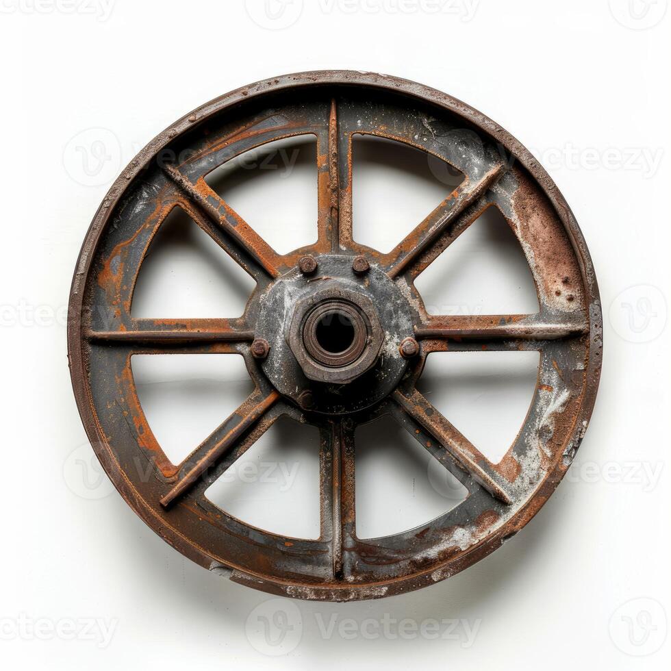 Rusty wheel showing eight spokes and central hub on white background photo