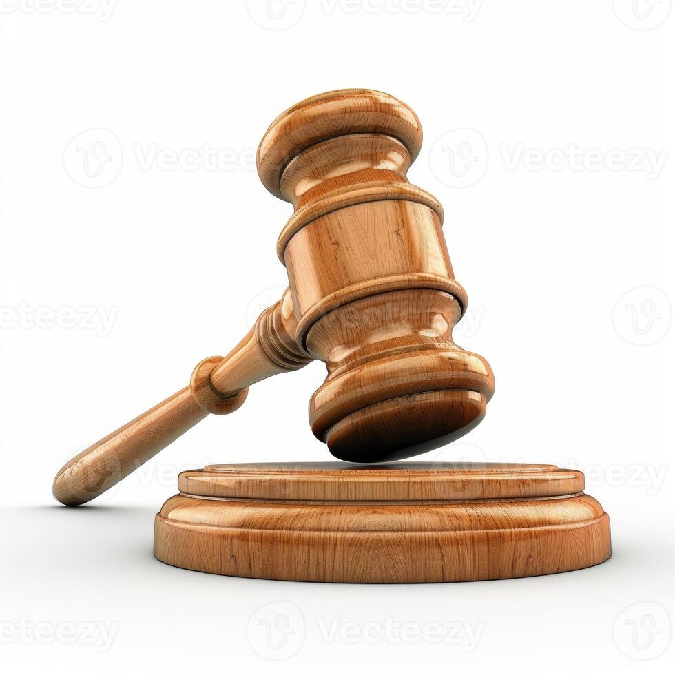 Wooden gavel striking sound block on white background symbolizing justice photo