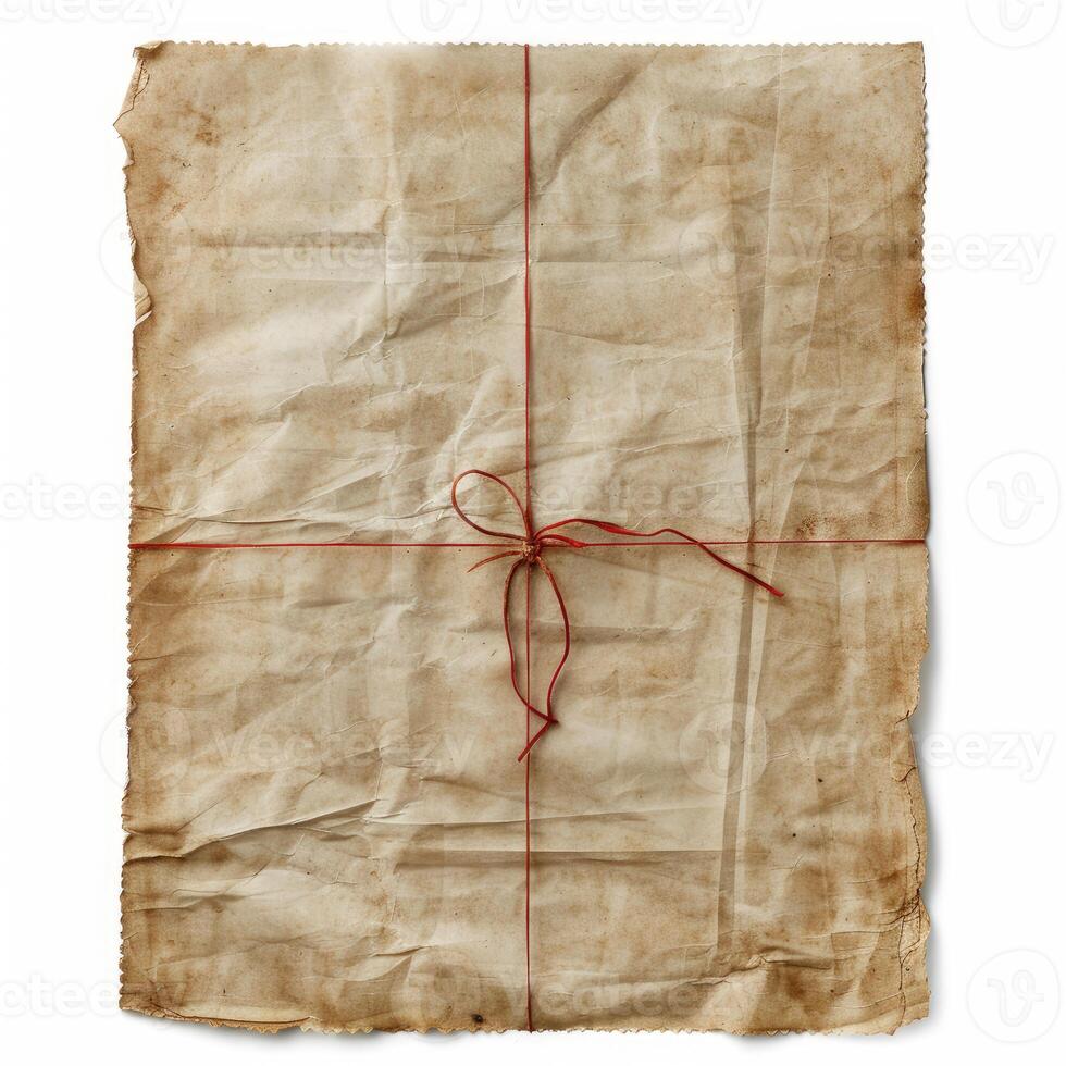 Folded old paper tied with red string on white background photo