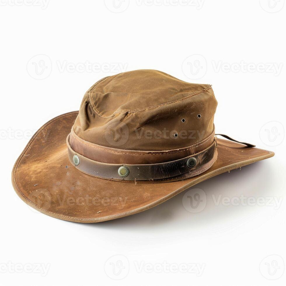 Brown leather and canvas bush hat resting on white background photo