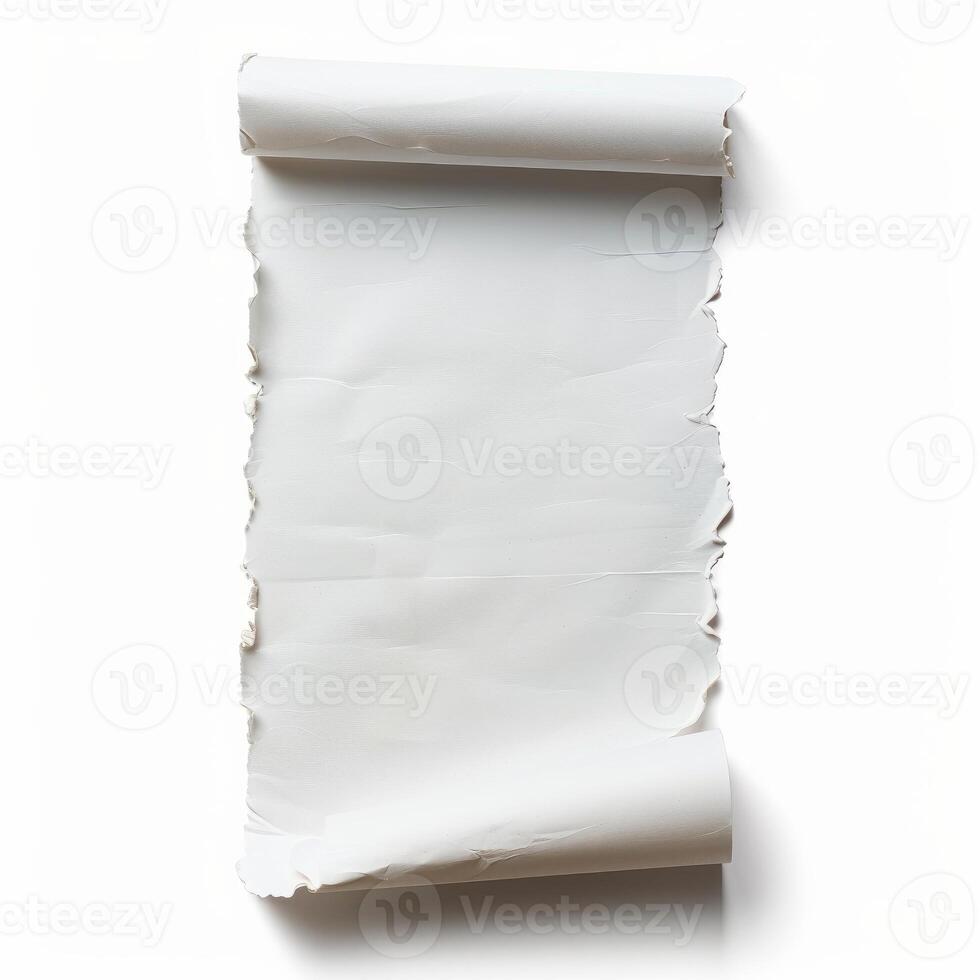 White rolled up torn paper on white background photo