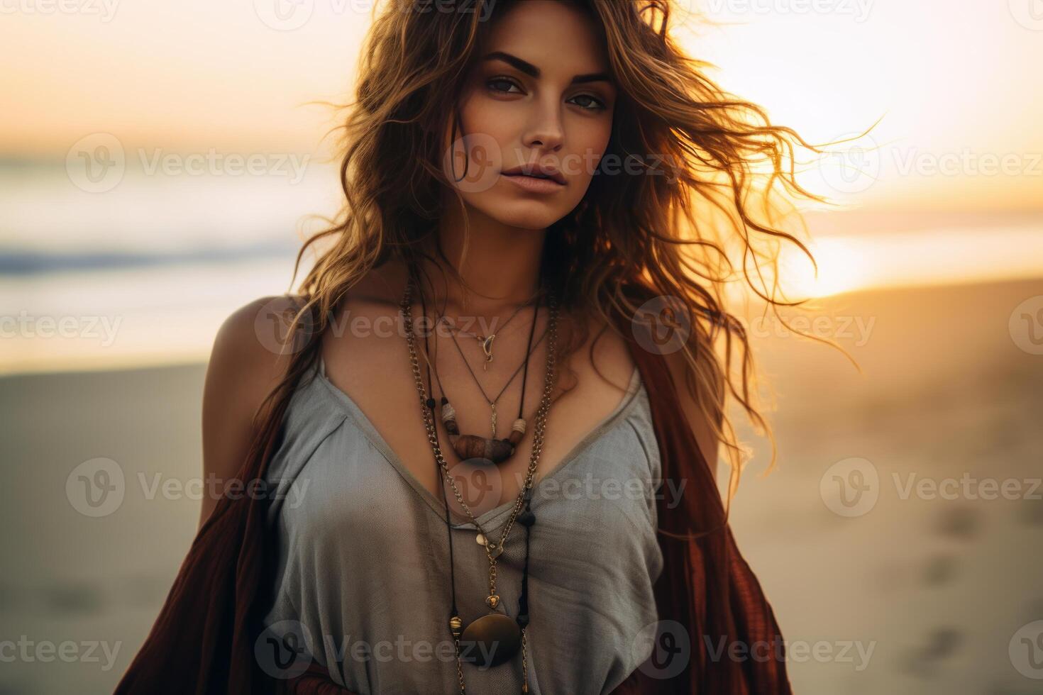 Bohemian model posing on the beach at sunset with windswept hair photo