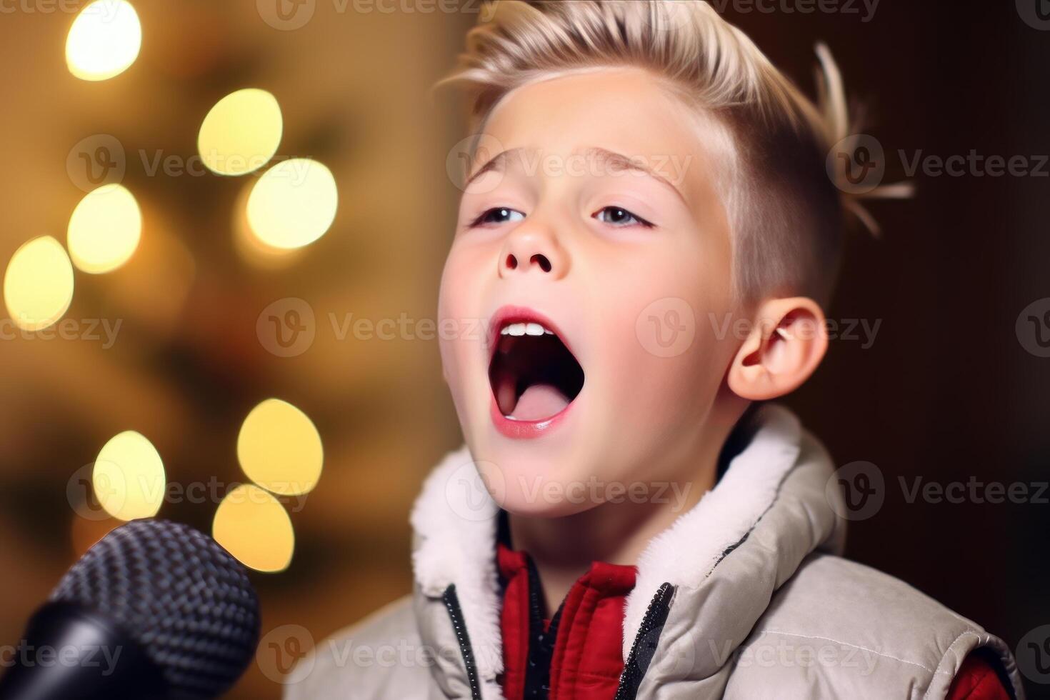Young singer performing christmas carol in front of microphone photo