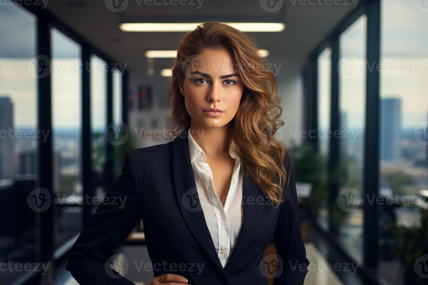 Confident businesswoman posing in modern office with city view photo
