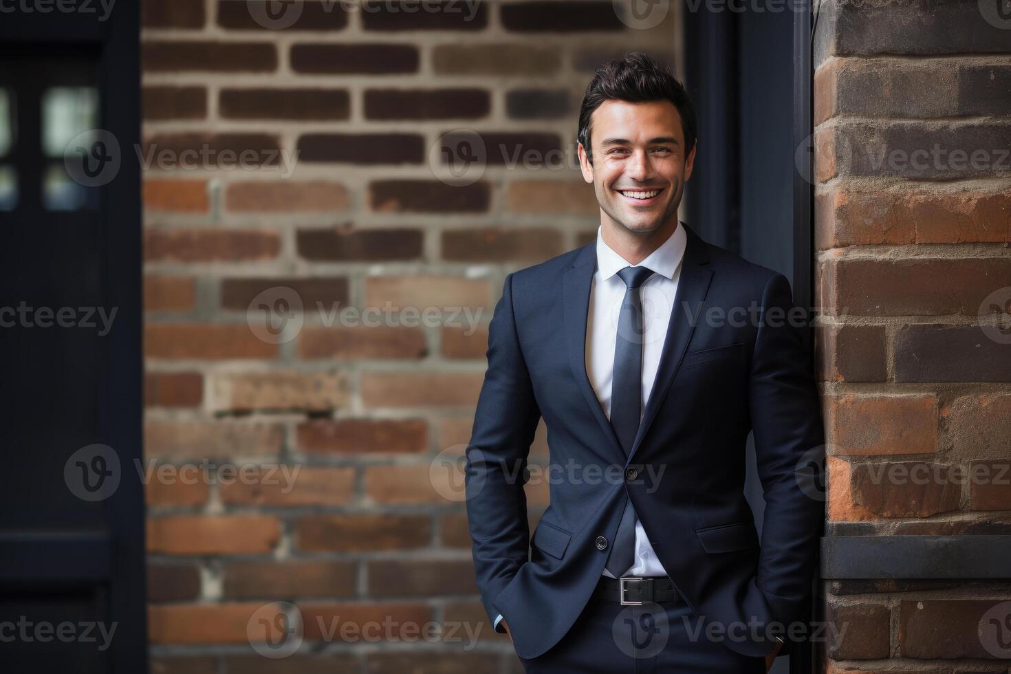 Smiling businessman leaning against brick wall with hands in pockets photo