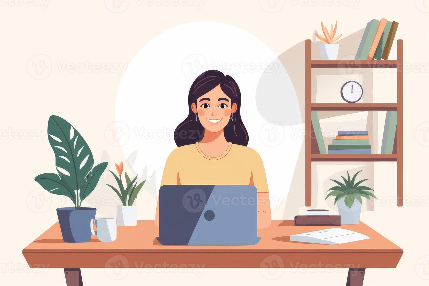 Smiling freelancer working from home office using laptop photo