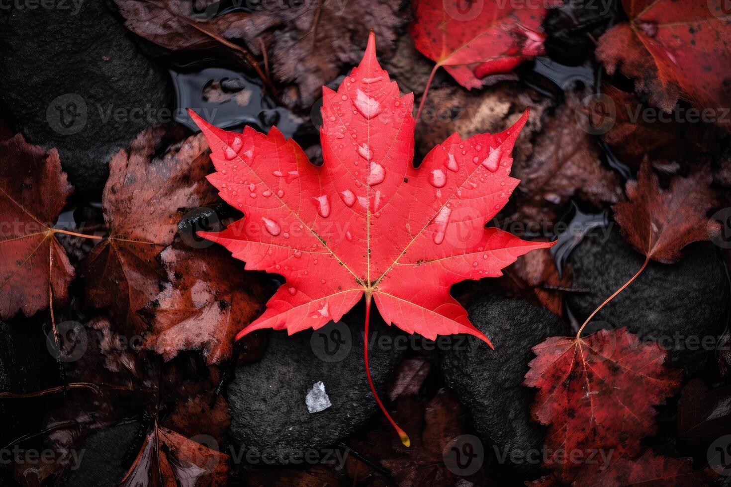 Vibrant red maple leaf embracing autumn's embrace on wet rocks photo
