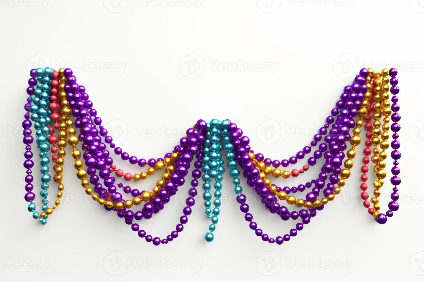 Colorful mardi gras beads hanging on white background photo