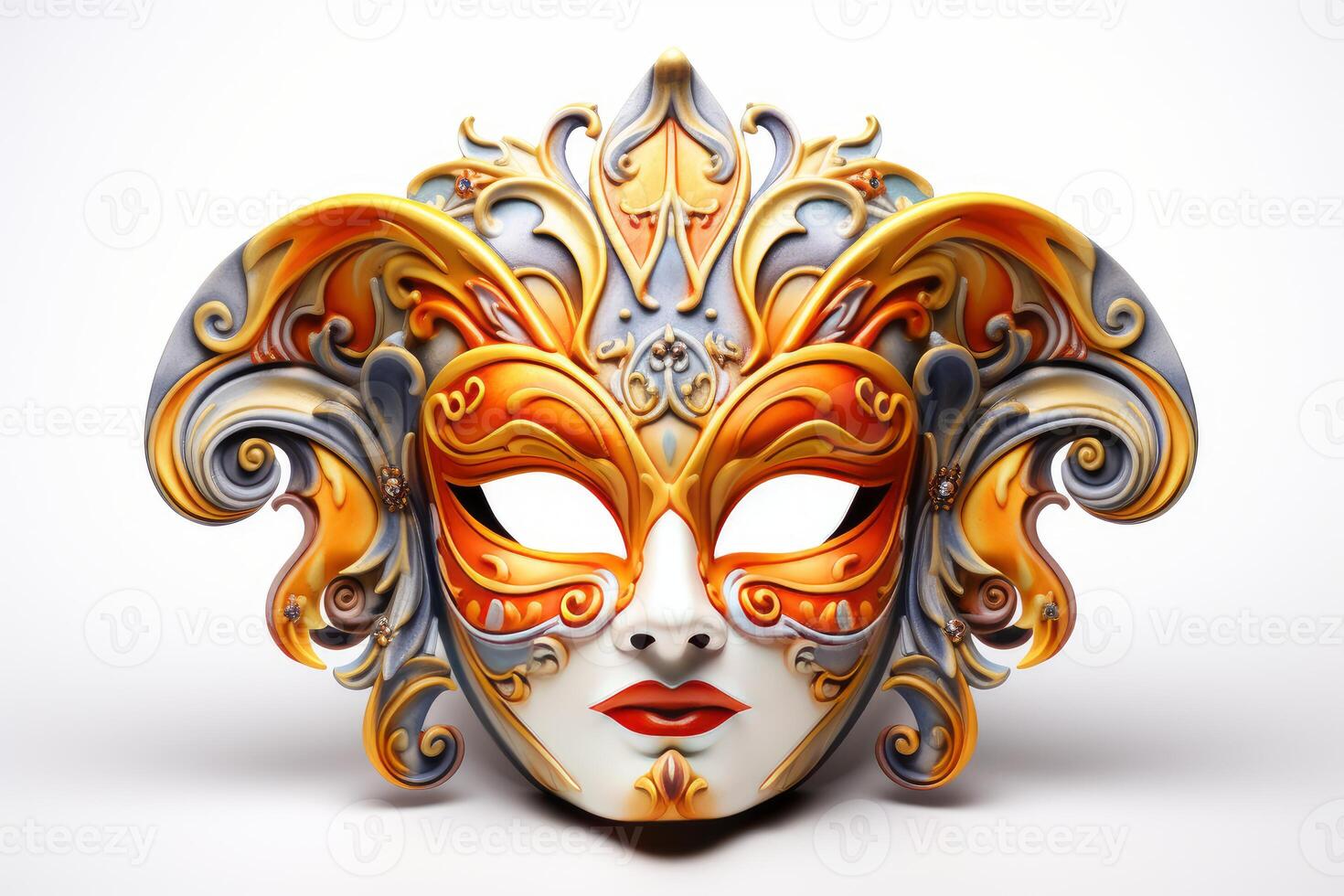 Venetian mask with orange and gray decorations representing a fantasy character is posing on a white background photo