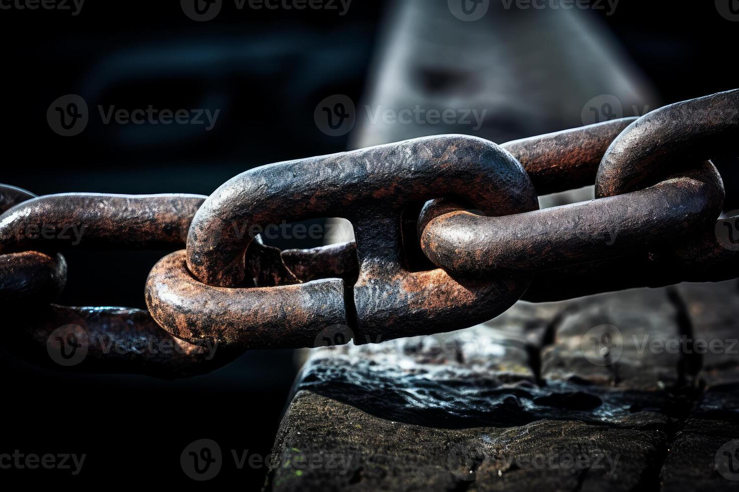 Rusty broken chain is hanging and about to break, concept of weakness photo