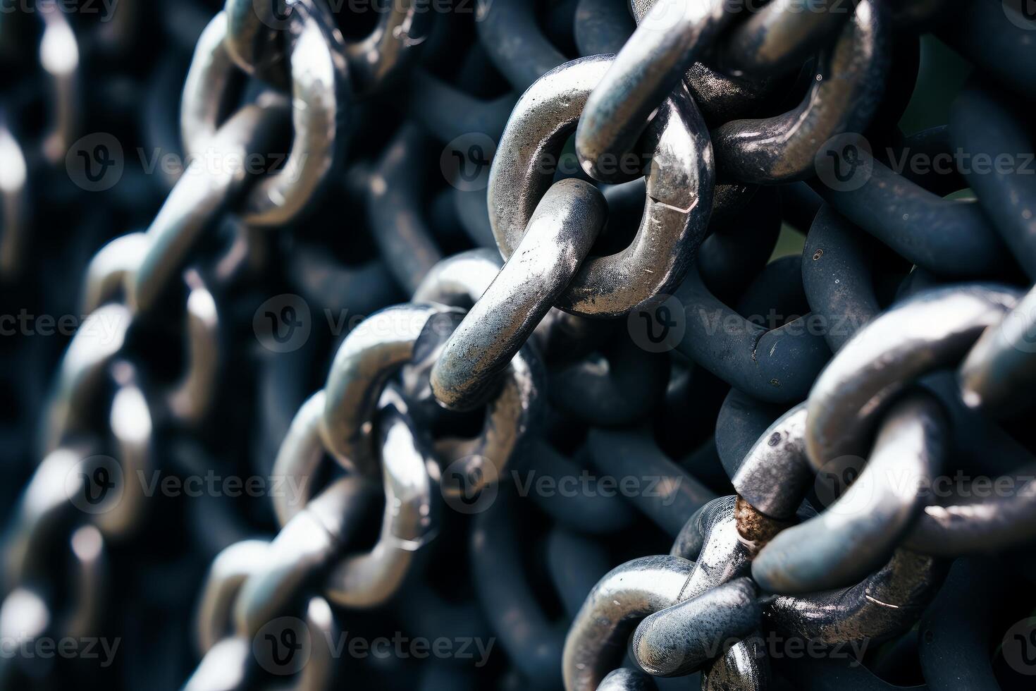 Close up of intertwined metal chains creating a strong barrier photo