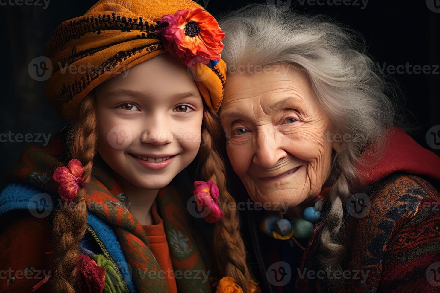 Granddaughter wearing orange turban smiling with grandmother photo